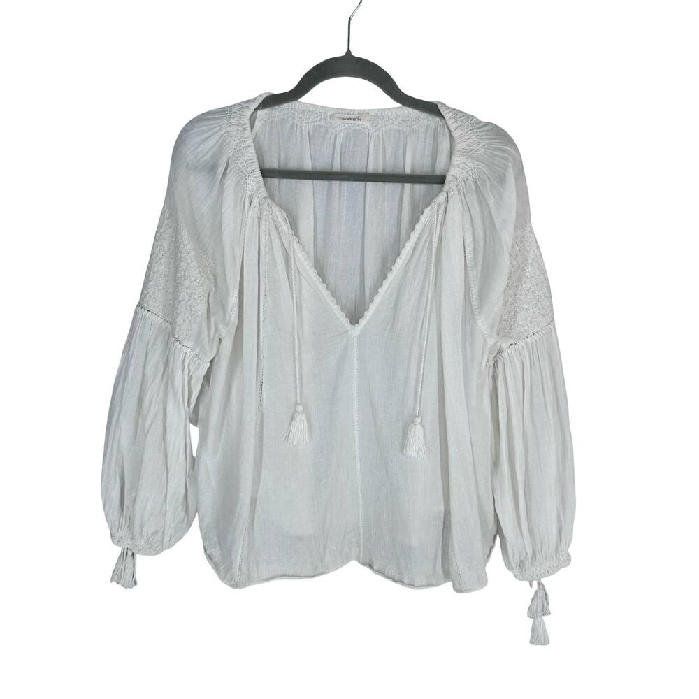 DOEN Source Embroidered Top XS / S Salt White Ivory Blouse Tassel Long Sleeve - Picture 3 of 10